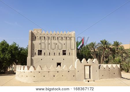 MEZAIRAA, UAE - DEC 4, 2016: Historic Dhafeer fort in Liwa Oasis area town of Mezairaa. Emirate of Abu Dhabi United Arab Emirates Middle East