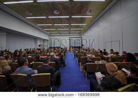 MOSCOW, RUSSIA - NOV 13, 2015: People in congress park of Radisson Royal Ukraine hotel during international congress Manage Pain. 