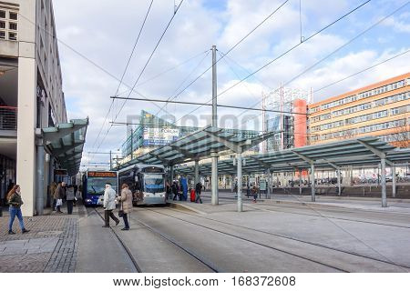 SAARBRUCKEN, GERMANY - January 17, 2017: street view of Saarbrucken, is the capital and largest city of the state of Saarland. January 17, 2017 in Saarbrucken, Germany