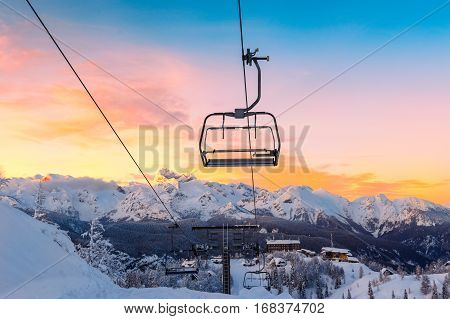 Winter mountains panorama with ski slopes and ski lifts near Vogel ski center Slovenia