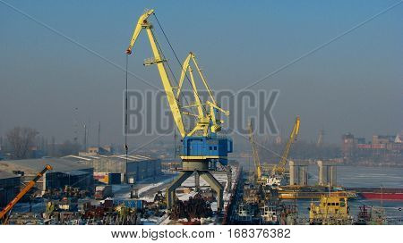 Crane ship repair port in Ukraine on the bank of the Dnieper River