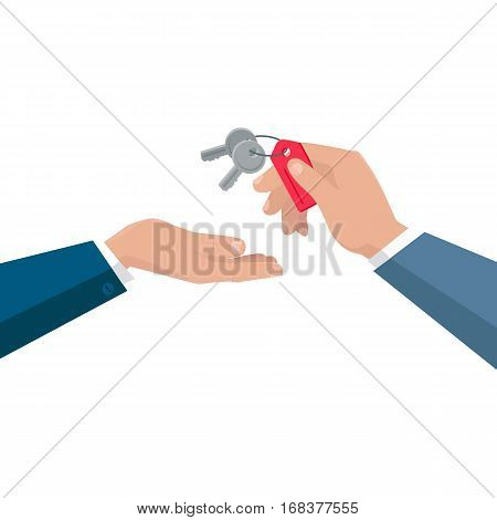 Keys from dwelling vector concept. Flat design. Realtor gives keys from apartments their new owner.  Illustration for real estate company advertising, housing concepts. Isolated on white background.