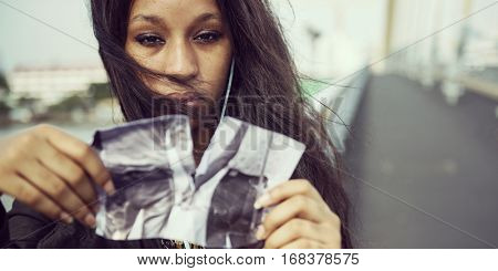 African Woman Sadness Listening Music Tearing Photo Breakup Concept