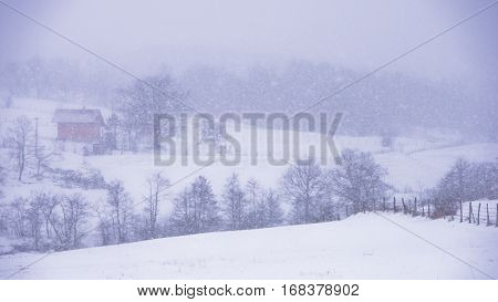 Landscape with hills and fields during snow storm, mountain Kozomor, Serbia
