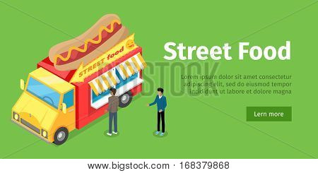 Fast food truck isometric projection style design icon. Street fast food concept. Food trolley with hot dog on the top. Isolated on green background. Sandwiches mobile shop. Vector illustration