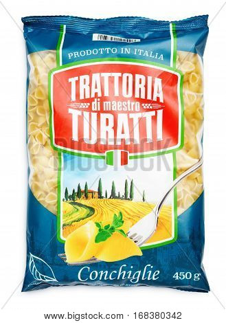 Top View Of Trattoria Di Maestro Turatti Pasta (conchiglie) Isolated On White