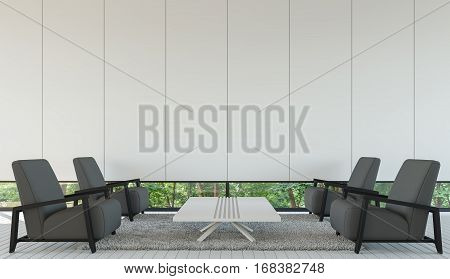 Modern living room interior minimalist style with Black and white 3d rendering image.Decorate with dark grey furniture.There are windows looking out to experience nature.