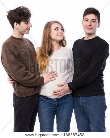 Young Pregnant Woman Posing With Two Young Man