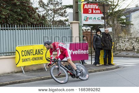 Conflans-Sainte-HonorineFrance-March 62016: The French cyclist Cyril Lemoine of Cofidis Team riding during the prologue stage of Paris-Nice 2016.
