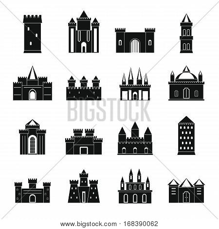 Towers and castles icons set. Simple illustration of 16 towers and castles vector icons for web