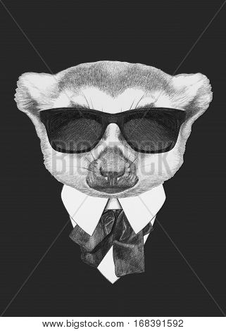 Portrait of Lemur in suit. Hand drawn illustration.
