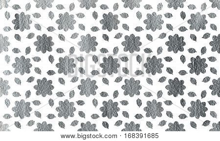 Silver Flowers With Leaves On White Background.