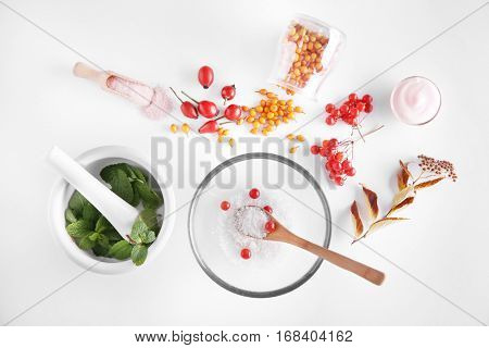 Natural ingredients for homemade cosmetics on white background