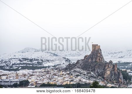Panoramic landscape at Sax, Alicante, Spain, after a historic snowfall.
