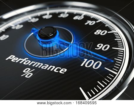 Performance level meter with arrow on 100%, 3d render