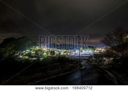 Nocturnal landscape of Planes, Alicante, Spain after a historic snowfall.