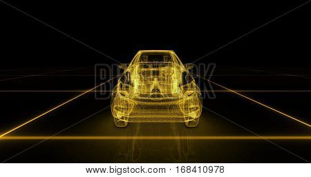 Sport car wire model with yellow neon ob black background. 3d render