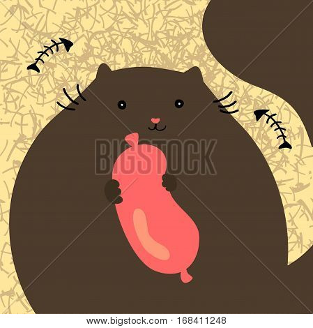 Pretty cat with sousage. Simple vector drawing.