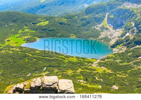 Aerial veiw mountain landscape with one of Seven Rila Lakes in National Park Rila, Bulgaria