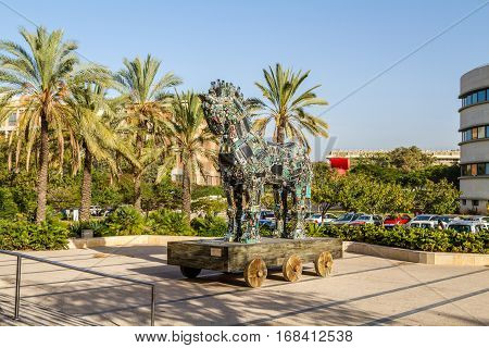 TEL AVIV ISRAEL - DECEMBER 5: Cyber Horse sculpture of Trojan horse at Tel Aviv University Israel on December 5 2016