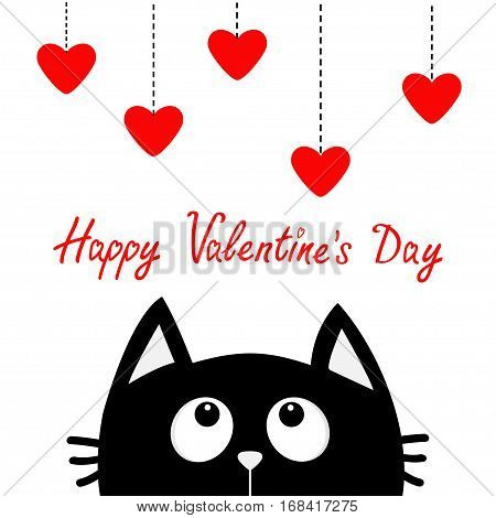 Happy Valentines Day. Black cat looking up to hanging red hearts. Dash line. Heart set Cute cartoon character. Kawaii animal. Love Greeting card. Flat design style White background Isolated Vector