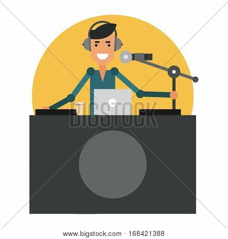 Fun DJ in the workplace. Radio presenter in the headphones. Vector illustration isolated on white background.