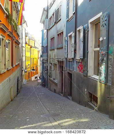 Narrow street in the old town in Zurich Switzerland