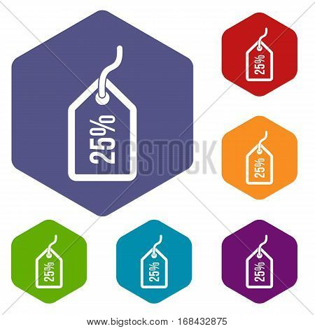 Tag with 25 discount icons set rhombus in different colors isolated on white background