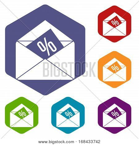 Envelope with percentage icons set rhombus in different colors isolated on white background