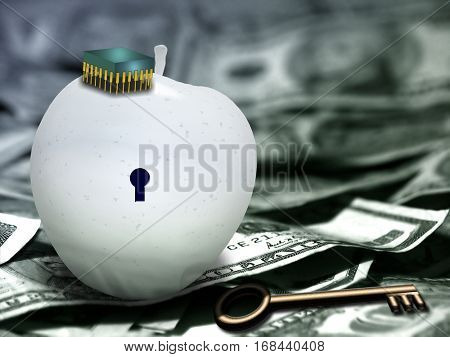 White apple with microchip, keyhole and key. US dollars. 3D Render