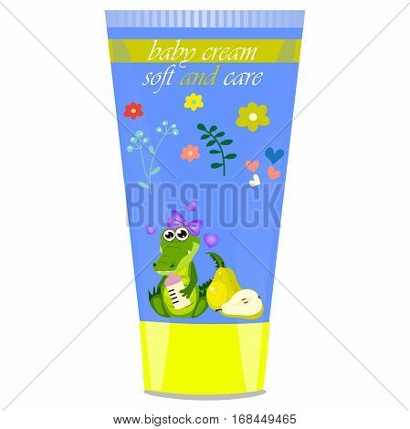 High quality original trendy vector pear Baby cream tube with kids design and crocodile or alligator on floral background illustration