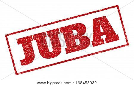 Red rubber seal stamp with Juba text. Vector message inside rectangular banner. Grunge design and unclean texture for watermark labels. Inclined emblem.