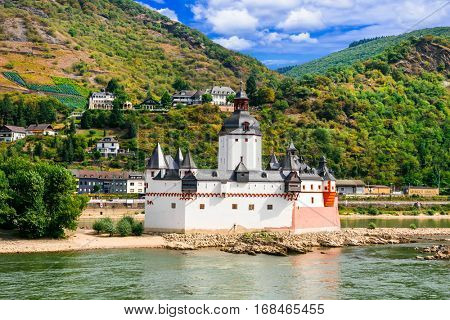 Beautiful romantic castles of Rhine river -Pfalzgrafenstein in small island. Germany