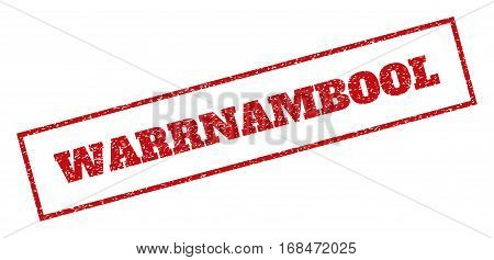 Red rubber seal stamp with Warrnambool text. Vector message inside rectangular shape. Grunge design and scratched texture for watermark labels. Inclined sign.