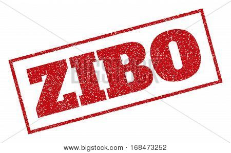 Red rubber seal stamp with Zibo text. Vector caption inside rectangular banner. Grunge design and dirty texture for watermark labels. Inclined emblem.