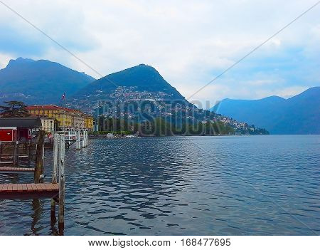Beautiful Lake Lugano in Switzerland. Region Ticino