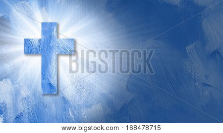 Graphic digital illustration of the Cross of Jesus and glowing beams of light. Energetic conceptual composition of textured brush strokes.