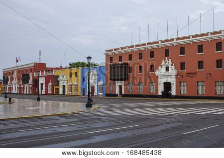 Trujillo, Peru - January 11, 2014: Colorful colonial houses in Trujillo downtown Peru