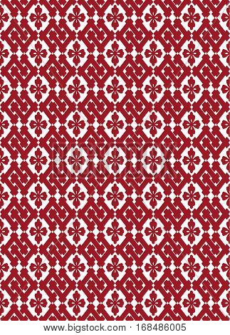 Seamless pattern in Japanese style with red stylized floral shapes and lattices