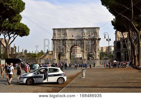 Rome Italy - September 11 2016 : The historical Arch of Constantine in Rome