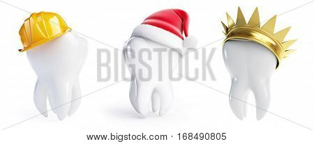 teeth hats crown Santa hat helmet worker on a white background 3D illustration
