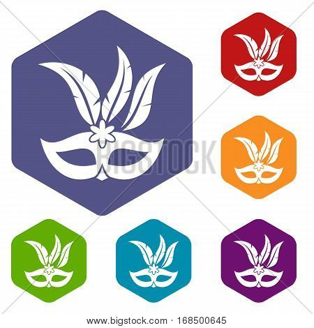 Carnival mask icons set rhombus in different colors isolated on white background