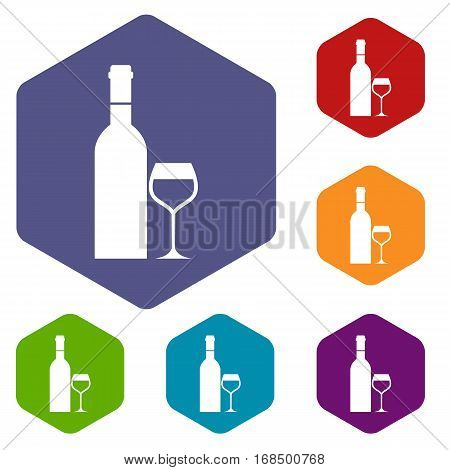 Glass and bottle of wine icons set rhombus in different colors isolated on white background