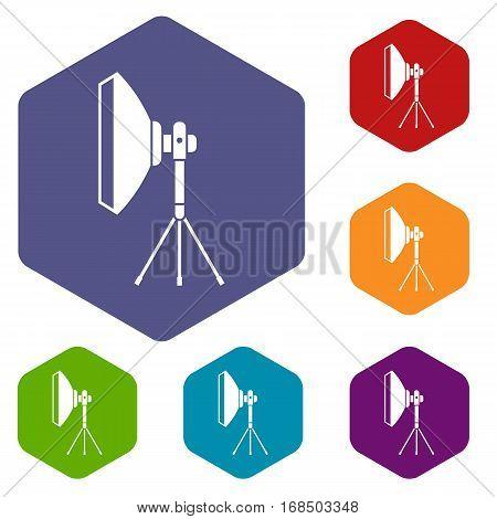 Studio lighting equipment icons set rhombus in different colors isolated on white background