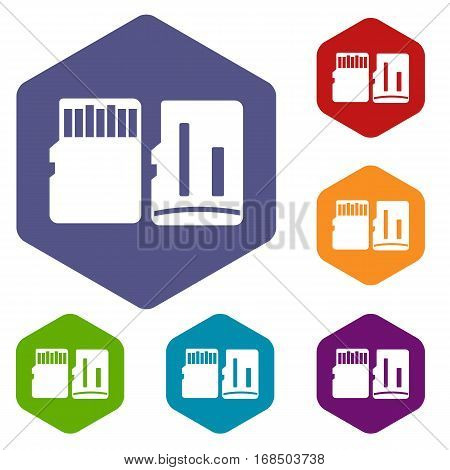Both sides of SD memory card icons set rhombus in different colors isolated on white background