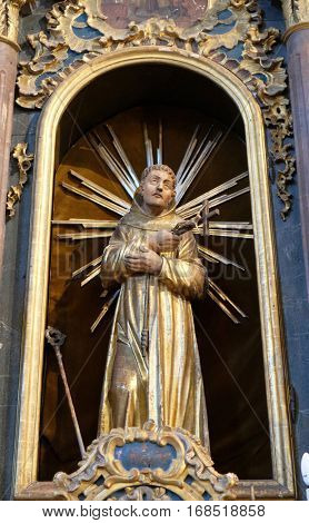 KRAPINA, CROATIA - APRIL 21: Saint Francis of Assisi statue at the altar in the church of Saint Catherine of Alexandria in Krapina, Croatia on April 21, 2016.