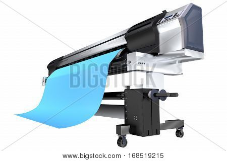 Printing Banners on Wide Printer Machine. Wide Format Ink Plotter 3D Illustration Isolated on White Background