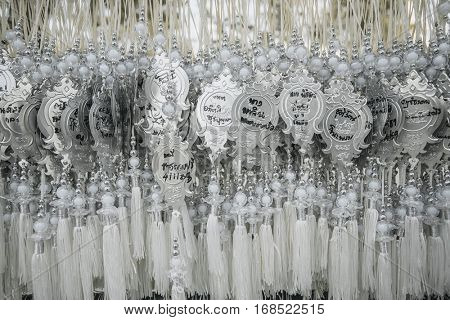 CHIANG RAI THAILAND - APRIL 27 2016 :The silver Pho decoration for wrote name of prayer in Wat Rong Khun Temple  in Chiang Rai Thailand.