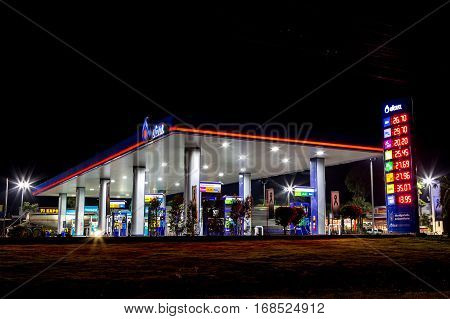 Jan 29 2017, Nakonratchasima Thailand: Night photo of petrol station.
