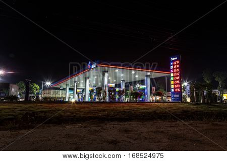 Jan 29, 2017 Nakhonratchasima Thailand, Night photo of petrol station